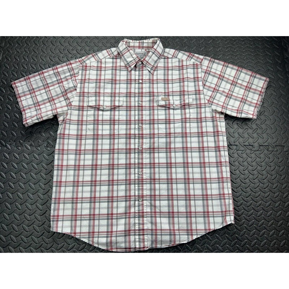Carhartt Shirt Adult Large Red White Plaid Short Sleeve Work Wear Button Up Men